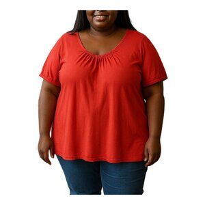 Woman Within Coral Red V-Neck Top Ruching Detail Short Sleeve Size 2X 26/28